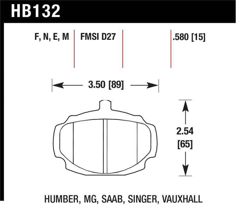Diagram of brake pad dimensions HB132 for Humber, MG, Saab, Singer, Vauxhall