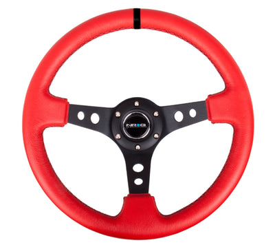 NRG Reinforced Steering Wheel (350mm / 3in. Deep) Red Suede w/Blk Circle Cutout Spokes for performance car parts by DTX Performance