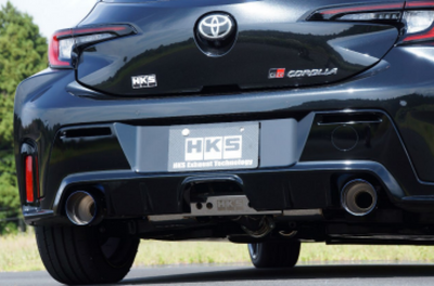 HKS Toyota GR Corolla LEGAMAX Sports Exhaust (Use w/ PN G89580-T76010-00) back view on vehicle