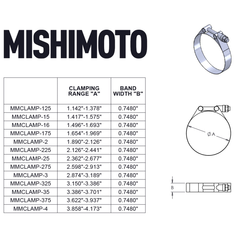 Mishimoto 1.25 Inch Stainless Steel T-Bolt Clamps product specifications for high performance car parts by DTX Performance.