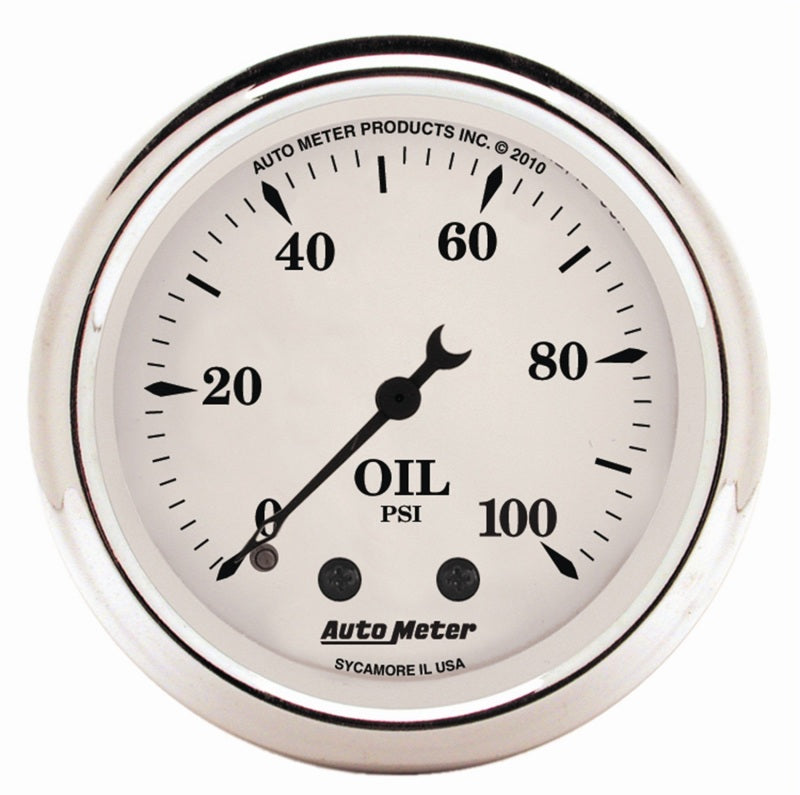 AutoMeter Gauge Oil Press 2-1/16in. 100PSI Mech Old Tyme White, performance car parts, veteran owned performance shop, engine performance parts
