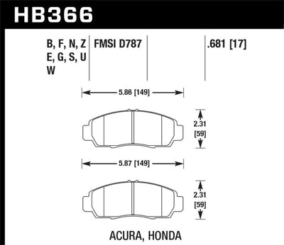 Hawk 04+ Accord TSX / 99-08 TL / 01-03 CL / 08+ Honda Accord EX HPS Street Front Brake Pads dimensions
