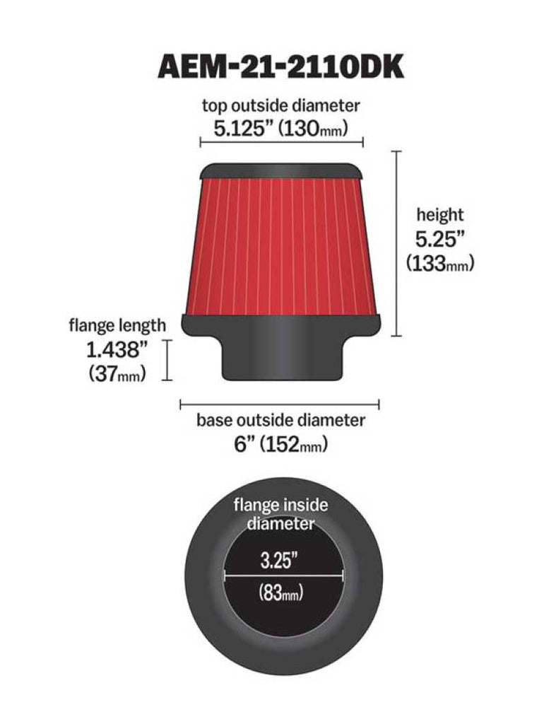 AEM 3.25 in DRY Flow Short Neck Filter
