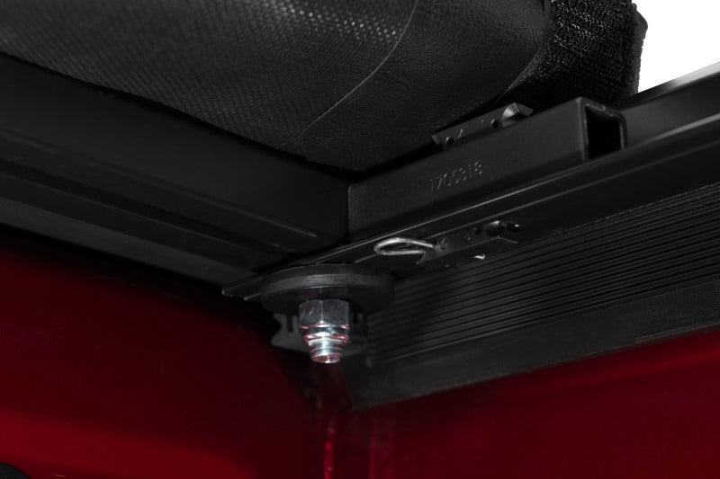 Tonno Pro 17-19 Ford F-250/F-350 Super Duty 6.8ft Bed Lo-Roll Tonneau Cover installation detail.