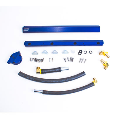 BBK 86-93 Mustang 5.0 High Flow Billet Aluminum Fuel Rail Kit from DTX Performance, perfect for engine performance upgrades in Mustangs.