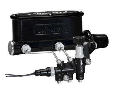Wilwood HV Tandem M/C Kit w L/H Bracket & Prop Valve - 1 1/8in Bore Black for performance car parts at DTX Performance