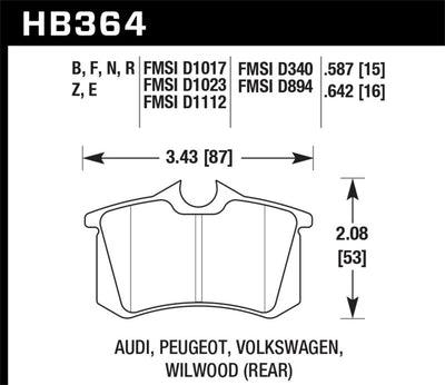 Diagram of HB364 brake pad for Audi, Peugeot, Volkswagen, and Wilwood with dimensions in inches and millimeters.