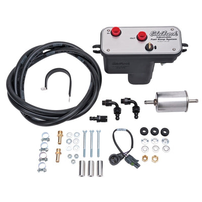 Edelbrock Fuel System Universal Fuel Sump Module Adjustable 255 LPH components for high performance auto parts installation.