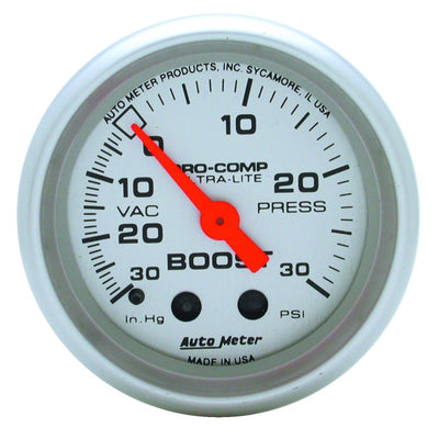 Autometer Ultra-Lite 52mm 30 PSI Mechanical Boost Gauge for performance car parts, DTX Performance, and engine performance upgrades.