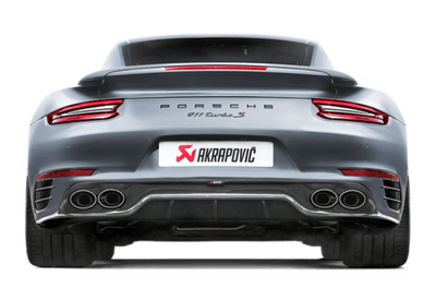 Akrapovic 16-17 Porsche 911 Turbo/Turbo S (991.2) Slip-On Line (Titanium) rear view with exhaust system