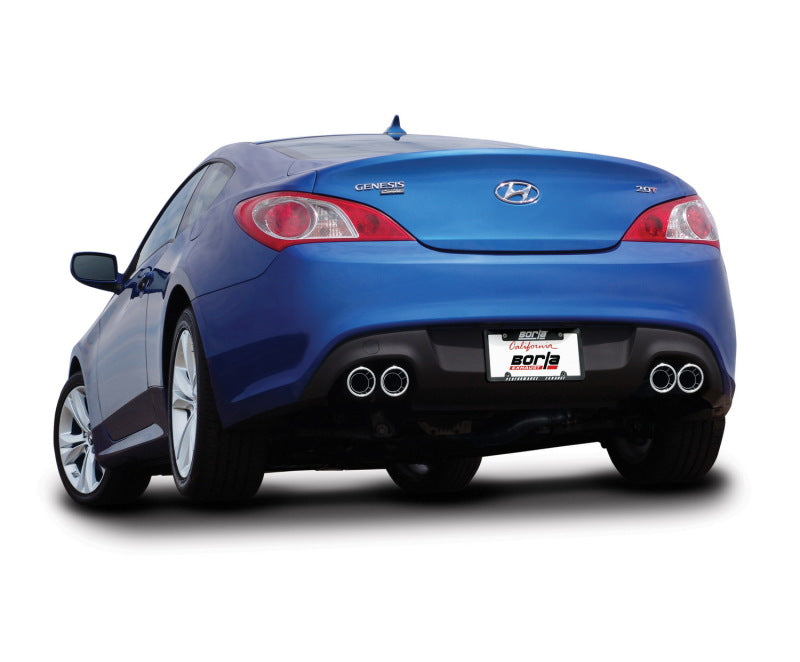 Borla 10-14 Genesis Coupe 2.0L Turbo ONLY AT/MT RWD 2DR Catback Exhaust installed on a blue sports coupe for performance.
