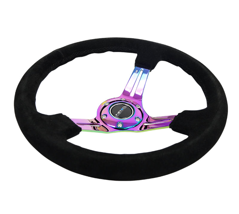 NRG Reinforced Steering Wheel (350mm / 3in. Deep) Blk Suede/Blk Stitch w/Neochrome Slits, performance car parts at DTX Performance