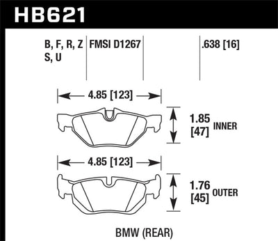 Technical drawing of HB621 BMW rear brake pads specifications.