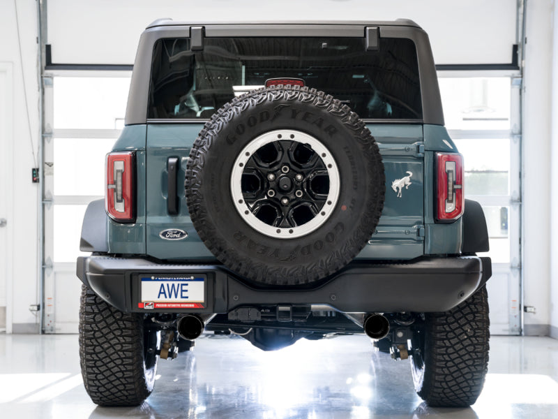 AWE Tuning 2021+ Ford Bronco 0FG Dual Rear Exit Exhaust w/Diamond Black Tips & Bash Guard - DTX Performance