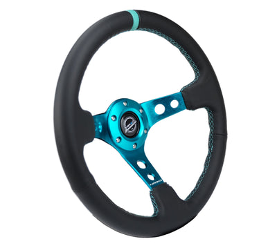 NRG Reinforce Steering Wheel (350mm / 3in. Deep) Blk Leather, Teal Center Mark w/ Teal Stitching - Performance Parts