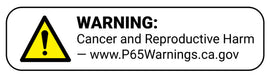 California Proposition 65 warning label for cancer and reproductive harm with website link for more information.