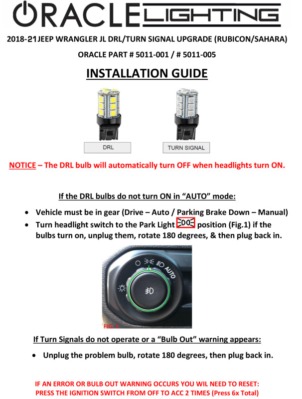 Oracle Lighting install guide for Jeep Wrangler JL DRL and turn signal upgrade with troubleshooting steps.