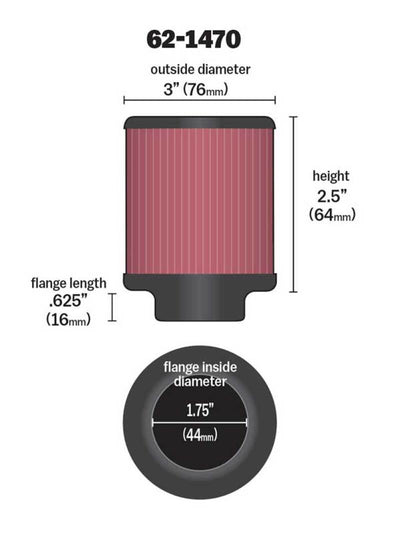 K&N 1.75 inch Vent 3 inch D 2.5 inch H Air Filter - Rubber Top for performance car upgrades