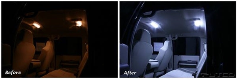 Putco 08-10 Ford SuperDuty Ext Cab or Crew Cab Premium LED Dome Lights comparison between dim factory lights and bright LEDs.