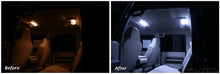 Load image into Gallery viewer, Putco 08-10 Ford SuperDuty Ext Cab or Crew Cab Premium LED Dome Lights comparison between dim factory lights and bright LEDs.