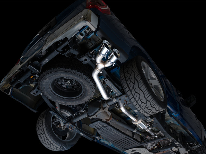AWE 21-25 Ford F150 (14th Gen Reg Cab) Cat-Back Exhaust - 4.5in Dual Side Exit Chrome Tips installed under truck