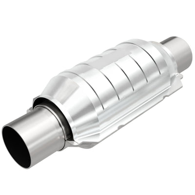 MagnaFlow Conv Univ 2in Inlet/Outlet Ctr/Ctr Round 9in Body L x 5.125in W x 13in Overall L 49 State, performance exhaust headers