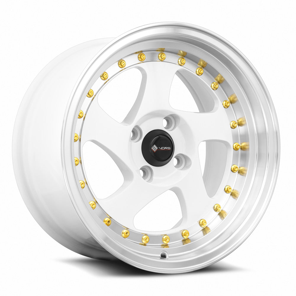 Vors VR2 15x8 White Machine Lip Gold Rivet Wheel