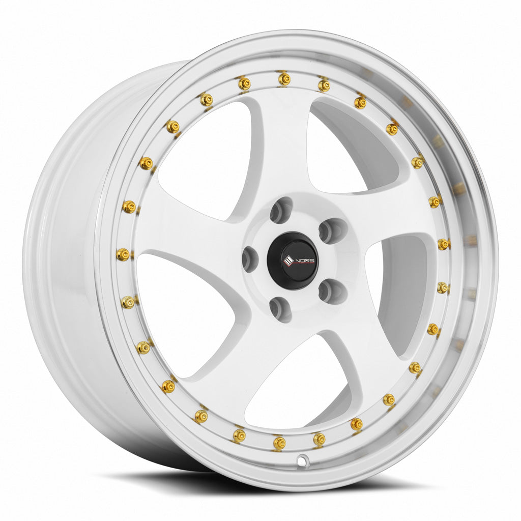Vors VR2 18x8 White Machine Lip Gold Rivet Wheel