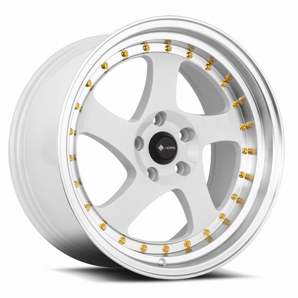 Vors VR2 18x9 White Machine Lip Gold Rivet Wheel