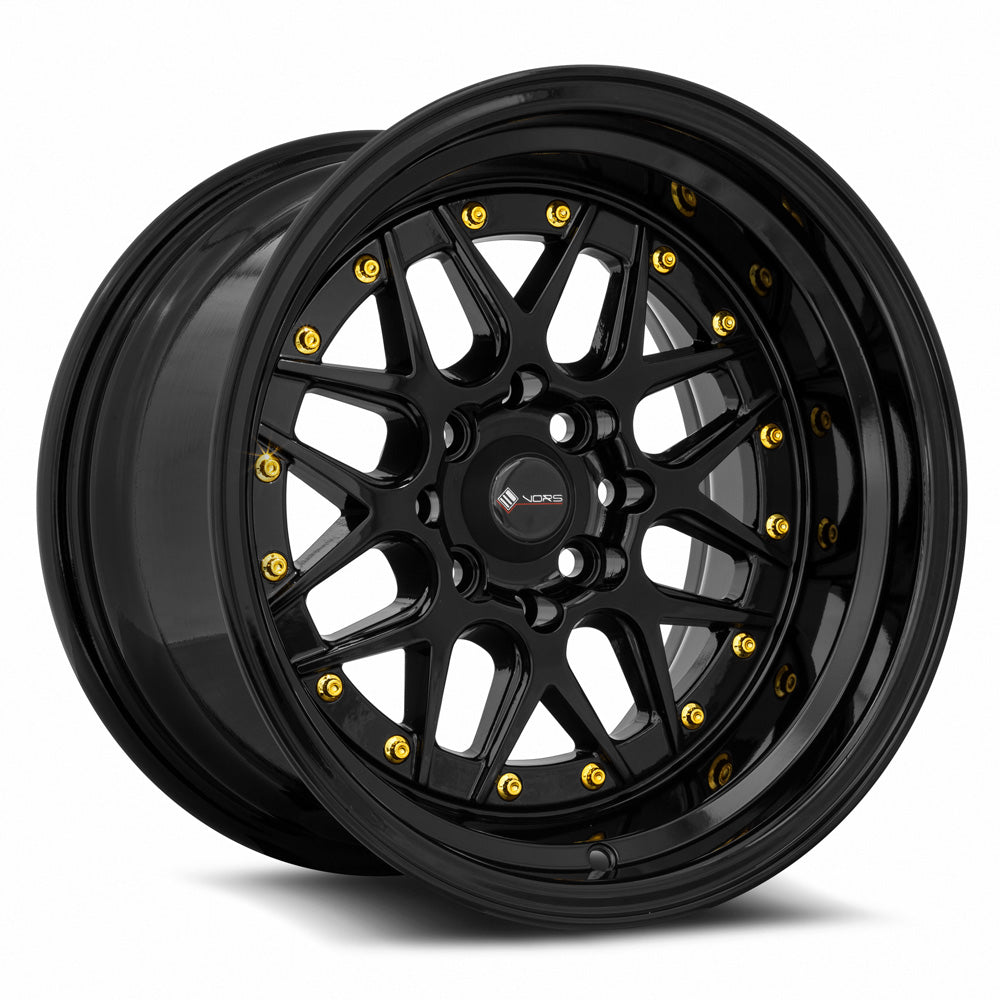 Vors VR7 15x9 All Black Gold Rivet Wheel