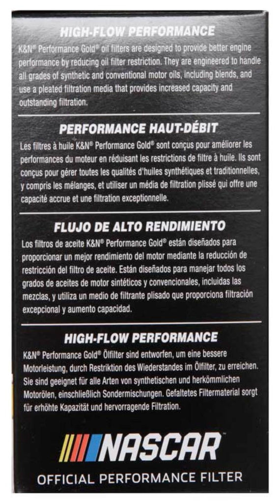 K&N high-flow oil filter packaging, NASCAR official performance filter, reducing filter restriction for engine efficiency.
