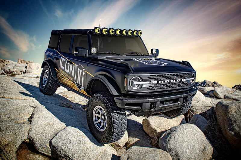 ICON 21-UP Ford Bronco 2-3in Front 2.5 VS RR COILOVER KIT on rocky terrain, performance upgrades by DTX Performance