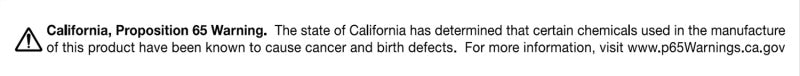 California Proposition 65 Warning label for chemical exposure risks and safety information.