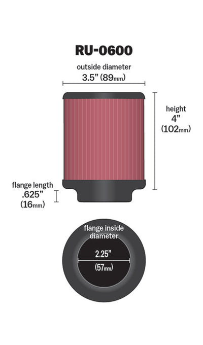 K&N Filter Universal Rubber Filter 2 1/4 inch Flange 3 1/2 inch OD 4 inch Height, performance car parts