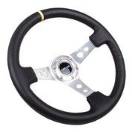 NRG Reinforced Steering Wheel (350mm / 3in. Deep) Blk Leather w/Circle Cut Spokes & Single Yellow CM, engine performance parts