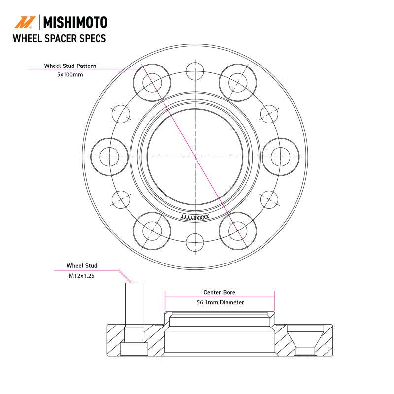 Diagram of Mishimoto Wheel Spacers - 5x100 - 56.1 - 25 - M12 - Black by DTX Performance, a veteran owned performance shop.