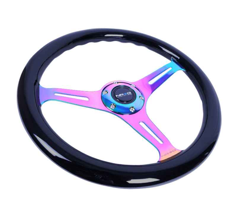 NRG Classic Wood Grain Steering Wheel (350mm) Black Paint Grip w/Neochrome 3-Spoke Center, performance car parts by DTX Performance