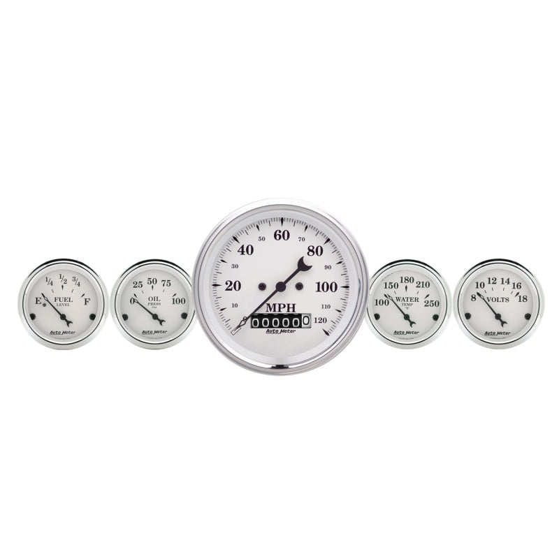 AutoMeter Gauge Kit 2 Pc. Quad & Speedometer 3-3/8in. Old Tyme White - perfect for performance car parts and engine performance upgrades.