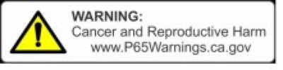 California Prop 65 warning label for cancer and reproductive harm with website link for more information.