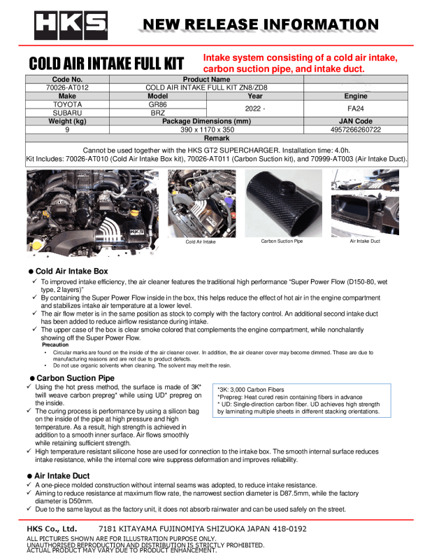 HKS Subaru ZN8/ZD8 Cold Air Intake Full Kit