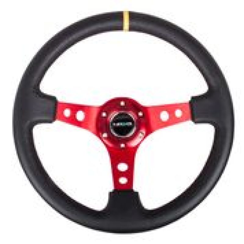 NRG Reinforced Steering Wheel (350mm / 3in. Deep) Blk Leather w/Red Spokes & Sgl Yellow Center Mark - high performance car part