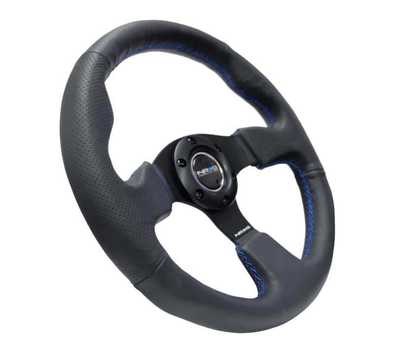 NRG Reinforced Steering Wheel (320mm) Black Leather w/Blue Stitching, high-performance car part by DTX Performance, veteran-owned shop.