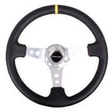 Load image into Gallery viewer, NRG Reinforced Steering Wheel (350mm / 3in. Deep) Blk Leather w/Circle Cut Spokes &amp; Single Yellow CM for performance car tuning