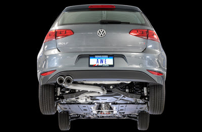 AWE Tuning VW MK7 Golf 1.8T Track Edition Exhaust w/Chrome Silver Tips (90mm) on rear view of a Volkswagen Golf