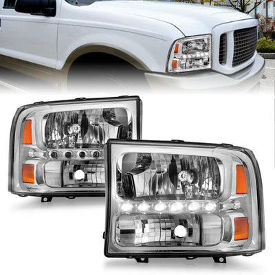 ANZO 2000-2004 Ford Excursion Crystal Headlights Chrome w/ LED 1pc, performance car parts