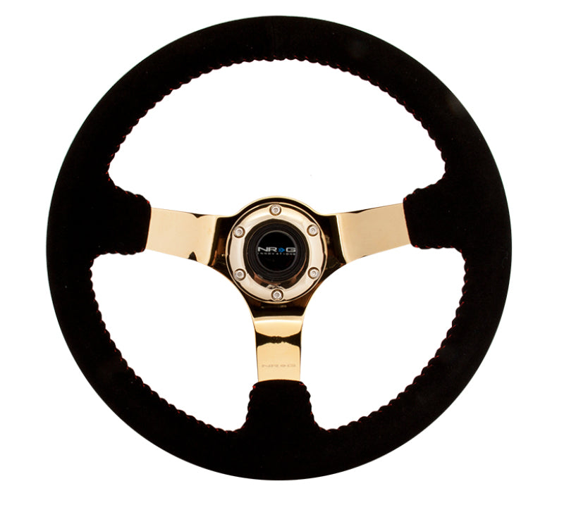 NRG Reinforced Steering Wheel 350mm Blk Suede Red Stitch Chrome Gold 3-Spoke