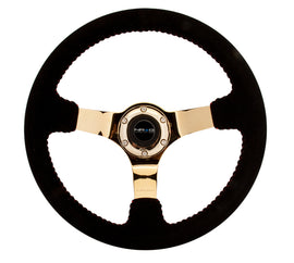 NRG Reinforced Steering Wheel 350mm Blk Suede Red Stitch Chrome Gold 3-Spoke