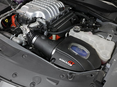 aFe Momentum GT 17-18 Dodge Charger/Challenger SRT Hellcat CAI w/ Pro 5R filter in engine bay of performance car