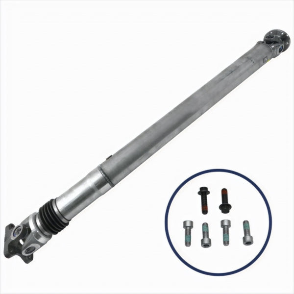 Ford Racing 05-10 Mustang GR One-Piece Aluminum Driveshaft viewed with hardware, high performance auto parts by DTX Performance.