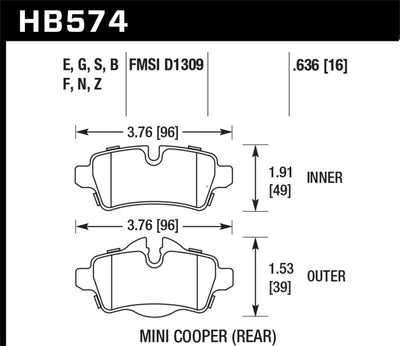 Diagram of Hawk 07+ Mini Cooper HPS Street Rear Brake Pads with measurements for performance car parts.